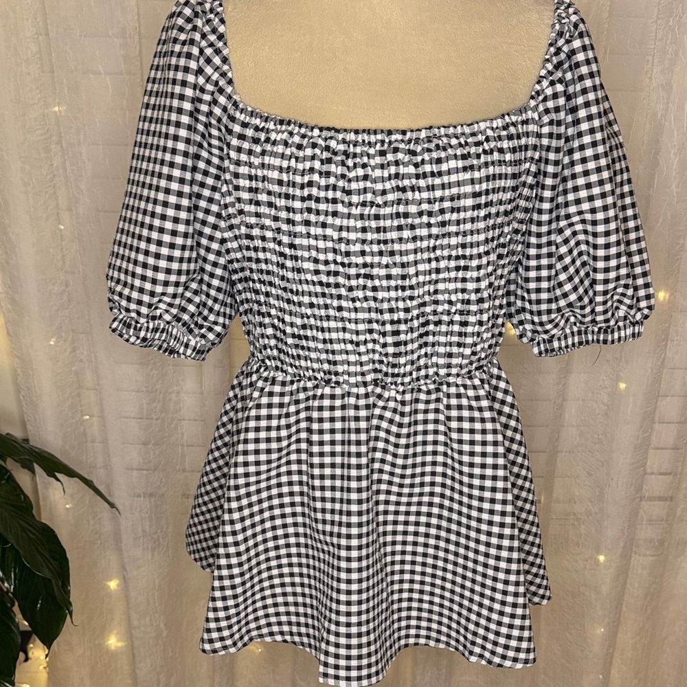 Black & White Gingham Smocked Peplum Top